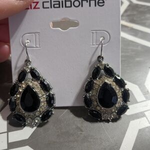 Liz Claiborne Black Teardrop Crystal Dangle Earrings with Clear Accents